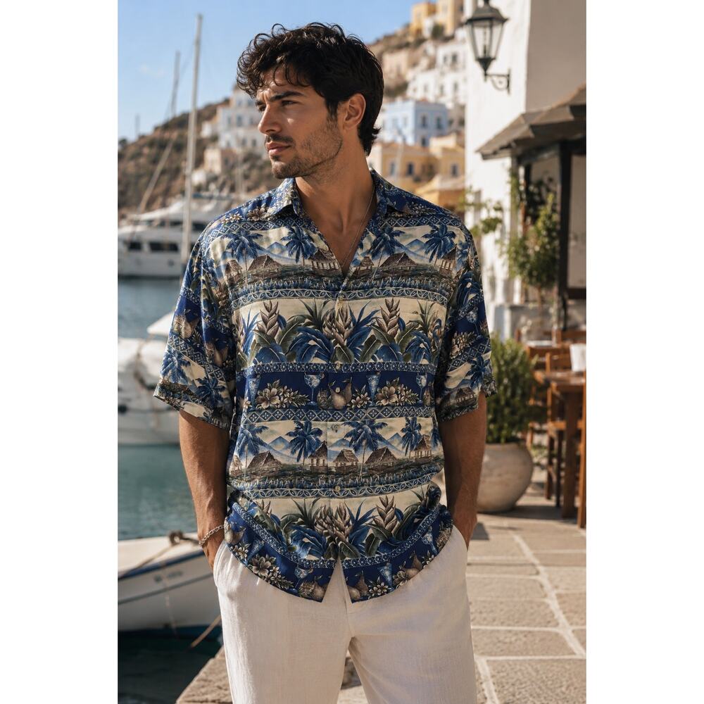 Vintage Pierre Cardin Hawaiian Rayon Shirt Tropical Resort Button Up Men’s M